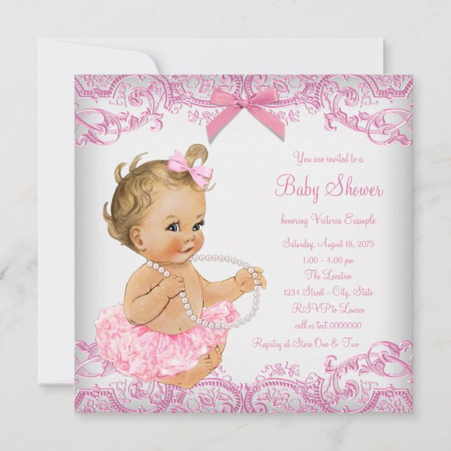 Invitation Fête de naissance fille au tutu en dentelle rose (Devant)
