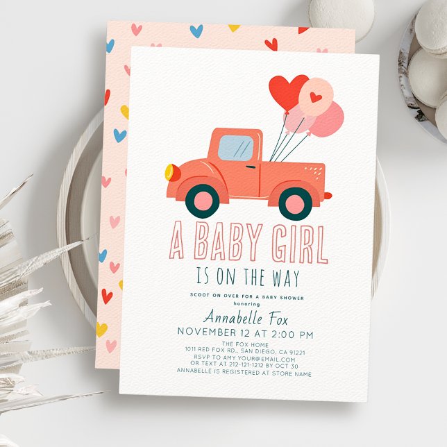 Invitation Fête de naissance fille Ballons Camion Rose (Créateur téléchargé)