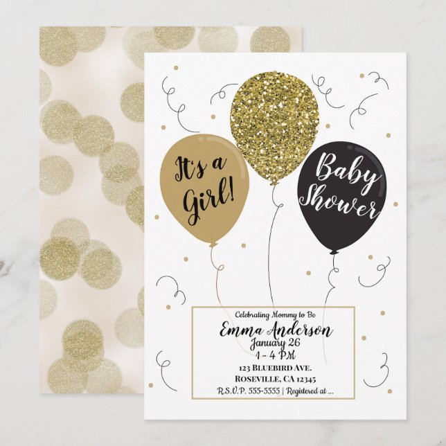 Invitation Fête de Naissance Fille Ballons Noirs Pailletés Or (Devant / Derrière)