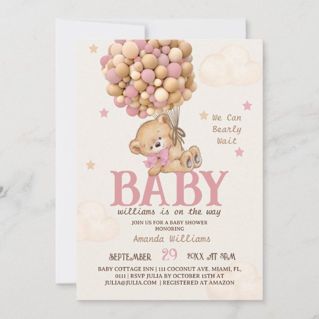 Invitation Fête de naissance fille Ballons Ours Rose (Devant)