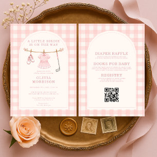 Invitation Fête de naissance fille carreaux rose golf Tout en