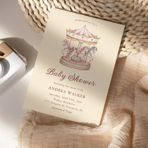 Invitation Fête de Naissance Fille Carrousel Rose Pastel