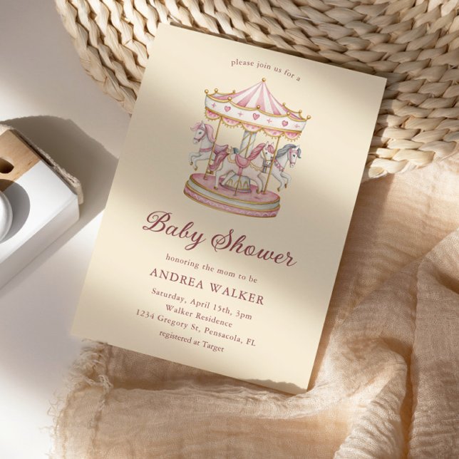 Invitation Fête de Naissance Fille Carrousel Rose Pastel (Créateur téléchargé)