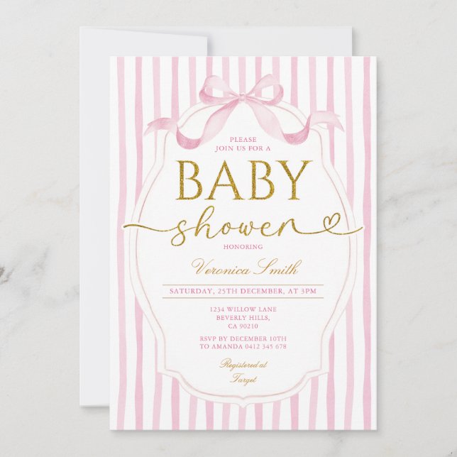 Invitation Fête de naissance Fille Coquette Ruban Rose Élégan (Devant)