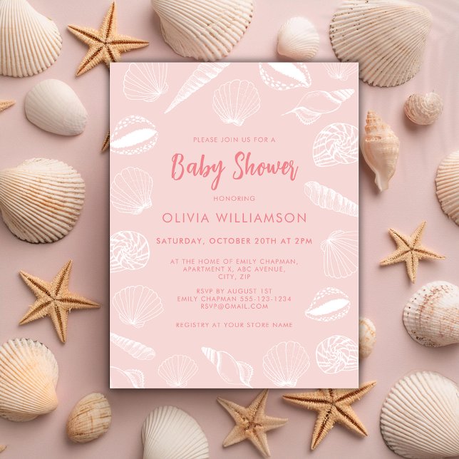 Invitation Fête de naissance Fille Coquillages Océan Plage (Pale pink sea shell baby shower invitation, ideal for beach ocean theme baby girl mom to be.)