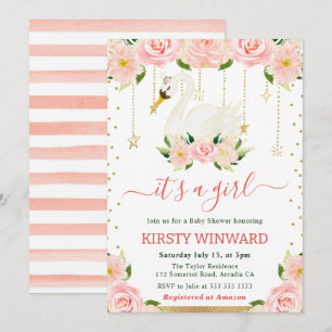 Invitation Fête de naissance Fille Cygne Floral Aquarelle