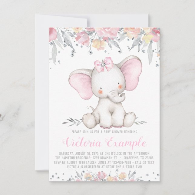 Invitation Fête de Naissance Fille Diamant Floral Éléphant (Devant)