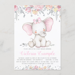 Invitation Fête de Naissance Fille Diamant Floral Éléphant