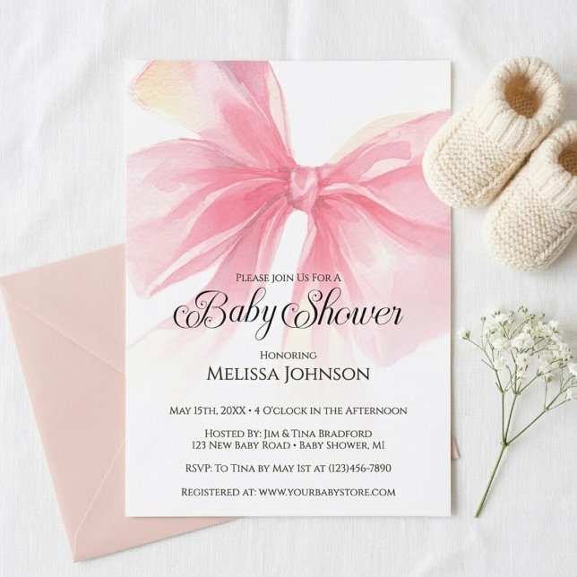 Invitation Fête de Naissance Fille écriture Coquette Rose (Coquette Pink Bow Baby Shower Invitation)