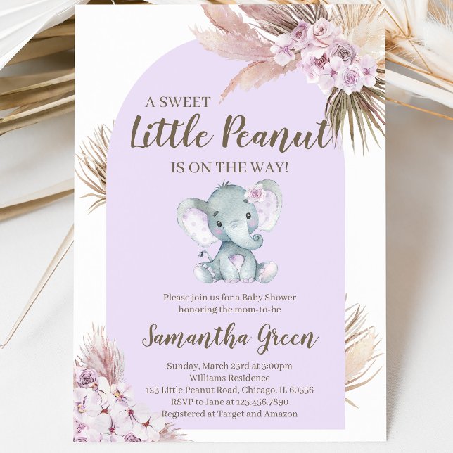 Invitation Fête de Naissance Fille Eléphant Violet (Créateur téléchargé)