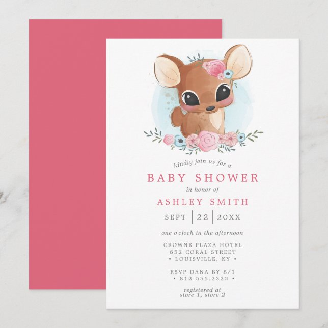 Invitation Fête de naissance fille faon de bois floral mignon (Devant / Derrière)