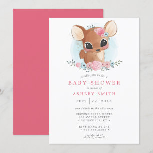 Invitation Fête de naissance fille faon de bois floral mignon