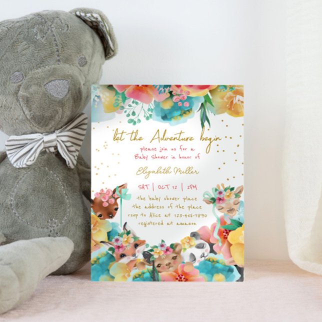 Invitation Fête de naissance Fille Fleurs Animaux Amoureux (Créateur téléchargé)