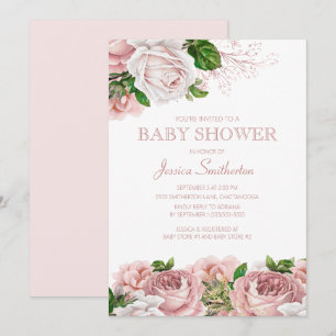 Invitation Fête de naissance fille fleurs rose pastel vintage
