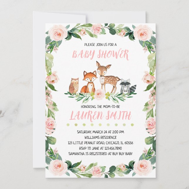 Invitation Fête de naissance fille florale et forestière (Devant)