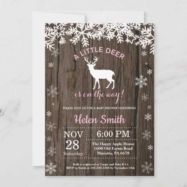 Invitation Fête de Naissance Fille Hiver Cerf Bois Rustique (Devant)