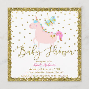 Invitation Fête de Naissance Fille Licorne Paillettes Rose et