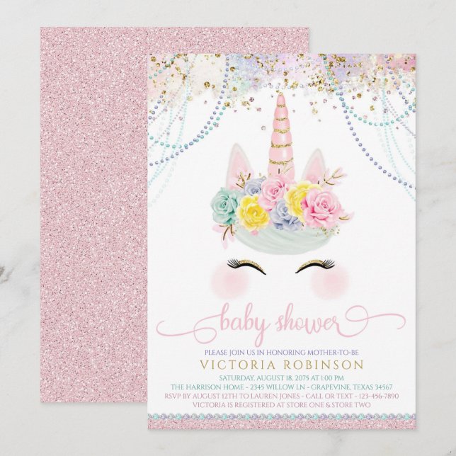 Invitation Fête de Naissance Fille Licorne Rose Pâle (Devant / Derrière)