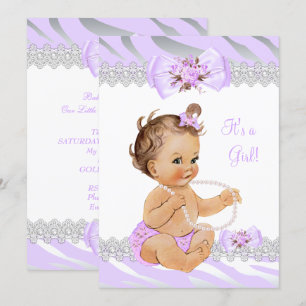 Invitation Fête de naissance fille lilas zèbre dentelle légèr