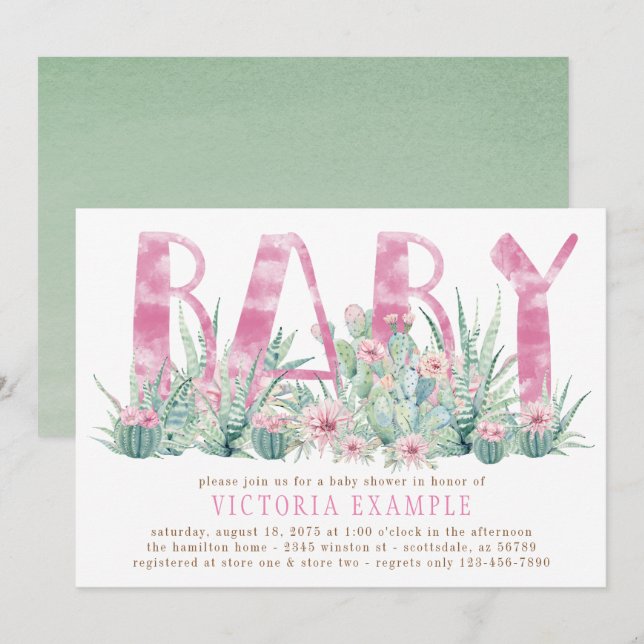 Invitation Fête de naissance Fille Mignonne Cactus Succulent  (Devant / Derrière)