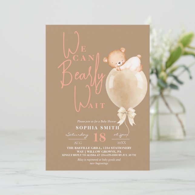 Invitation Fête de naissance fille moderne avec ours et ballo (Debout devant)