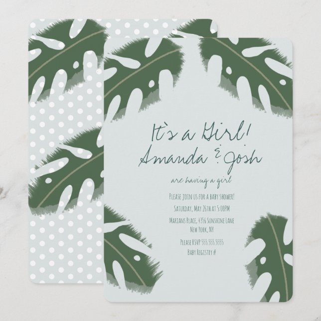 Invitation Fête de naissance Fille Monstera Tropicalité (Devant / Derrière)