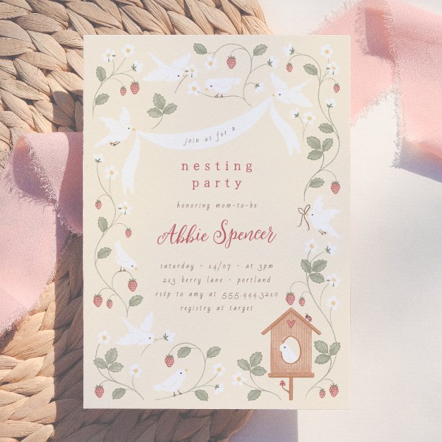 Invitation Fête de Naissance Fille Oiseaux & Baies Nidificati (Créateur téléchargé)