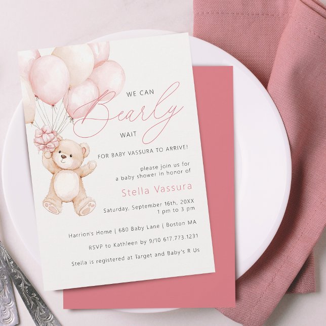Invitation Fête de naissance fille ourson ballons roses (Teddy Bear Pink Balloons Girl Baby Shower Invitation)