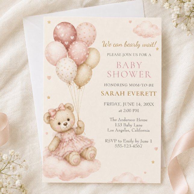 Invitation Fête de naissance Fille Ourson Rose (Pink Teddy Bear Balloon Girl Baby Shower Invitation)