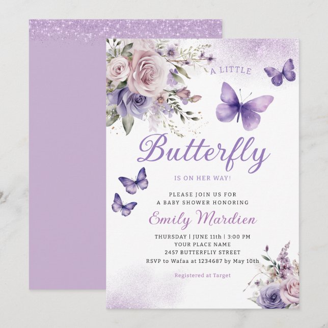 Invitation Fête de naissance fille papillon floral aquarelle  (Devant / Derrière)