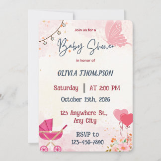 Invitation Fête de naissance fille Papillon Rose et Poussette