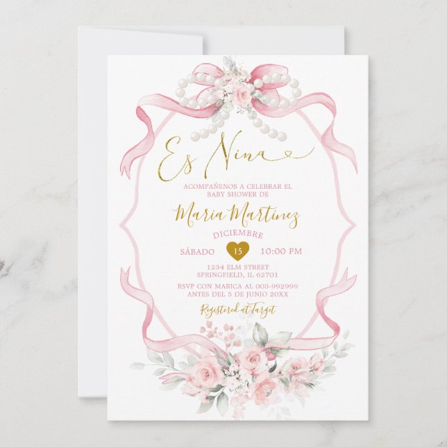 Invitation Fête de naissance Fille Pearl Rose Spanish Coquett (Devant)