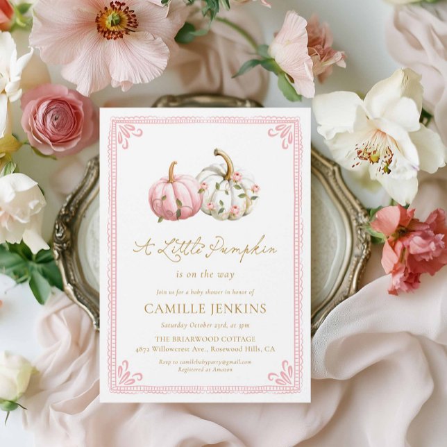 Invitation Fête de Naissance Fille Petite Citrouille Rose (Elegant Pink Pumpkin Fall Girl Baby Shower Invitation)