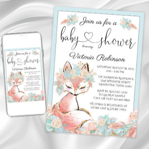 Invitation Fête de naissance fille renard rose sarcelle or aq