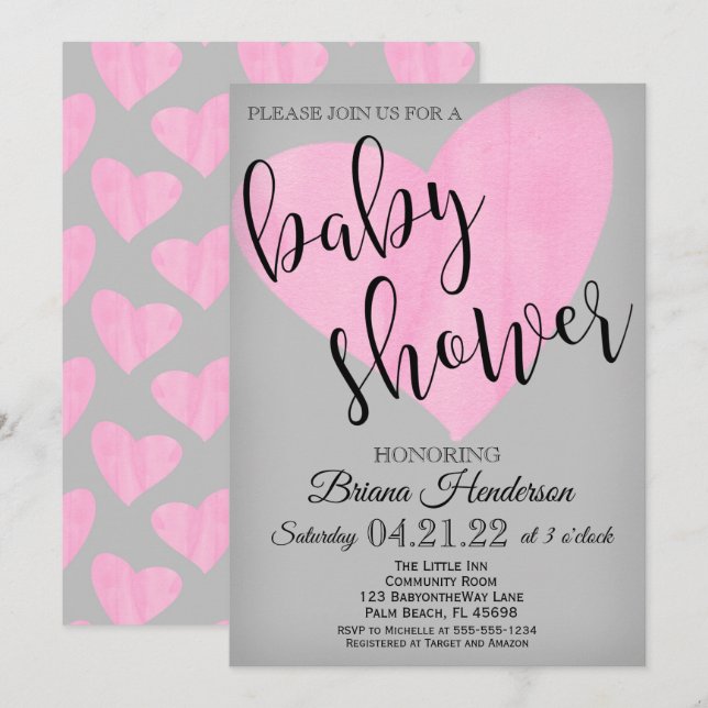 Invitation Fête de naissance fille rose aquarelle cœur modern (Devant / Derrière)