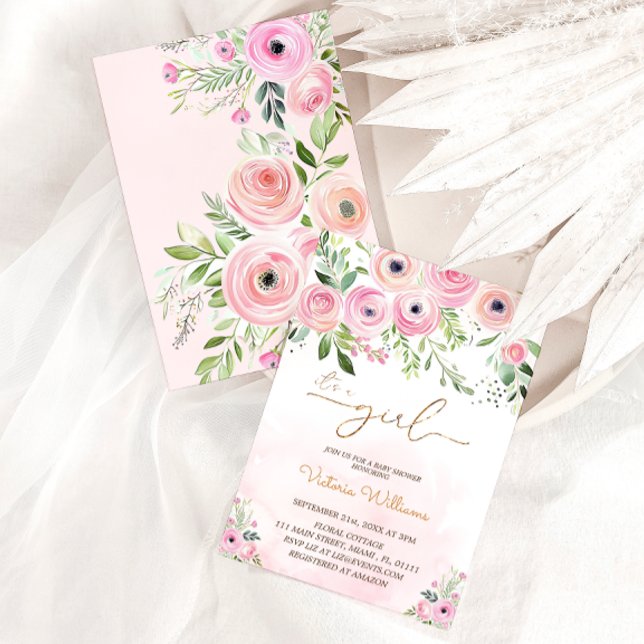 Invitation Fête de Naissance Fille Rose Floral (Créateur téléchargé)