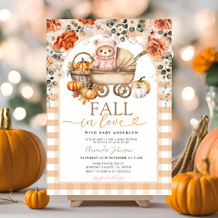 Invitation Fête de naissance Fille Rose Floral d'Automne Ours