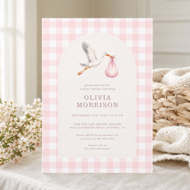 Invitation Fête de naissance Fille Rose Gingham Cigogne (Créateur téléchargé)