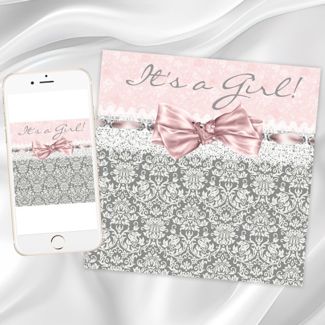 Invitation Fête de naissance fille rose gris (Pink and gray baby shower invitations. Instant download and printed invitations available.)