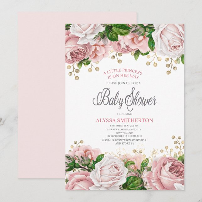 Invitation Fête de naissance Fille Rose Pâle Floral Or (Devant / Derrière)