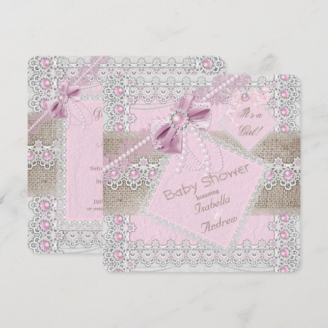 Invitation Fête de naissance fille Rose Perle Arc Bow Lace Bu (Devant / Derrière)