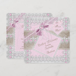 Invitation Fête de naissance fille Rose Perle Arc Bow Lace Bu