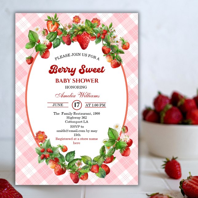 Invitation Fête de naissance Fille Rose Sucrée aux Fraises (Créateur téléchargé)