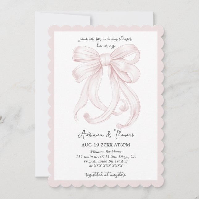 Invitation Fête de naissance fille ruban coquette rose (Devant)