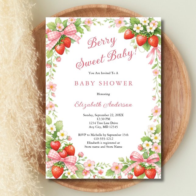 Invitation Fête de naissance Fille Rubans Gingham Rose Rouge  (Berry Sweet Baby, Strawberry and Pink Gingham Bows Baby Girl Baby shower invitation. )