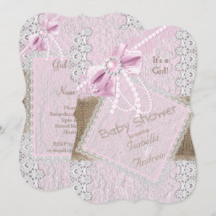 Invitation Fête de naissance fille Rustique Rose Ruban Dentel