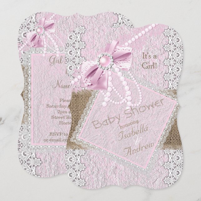 Invitation Fête de naissance fille Rustique Rose Ruban Dentel (Devant / Derrière)