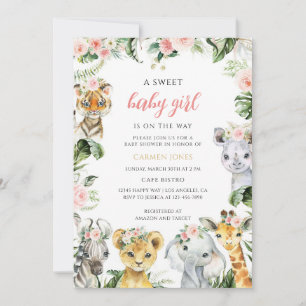 Invitation Fête de naissance fille safari jungle florale rose