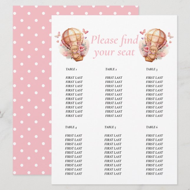 Invitation Fête de naissance Fille Teddy  Ballon floral graph (Devant / Derrière)