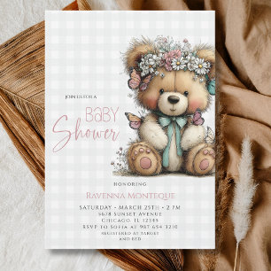 Invitation Fête de naissance Fille Teddy Floral Plaid Buffalo